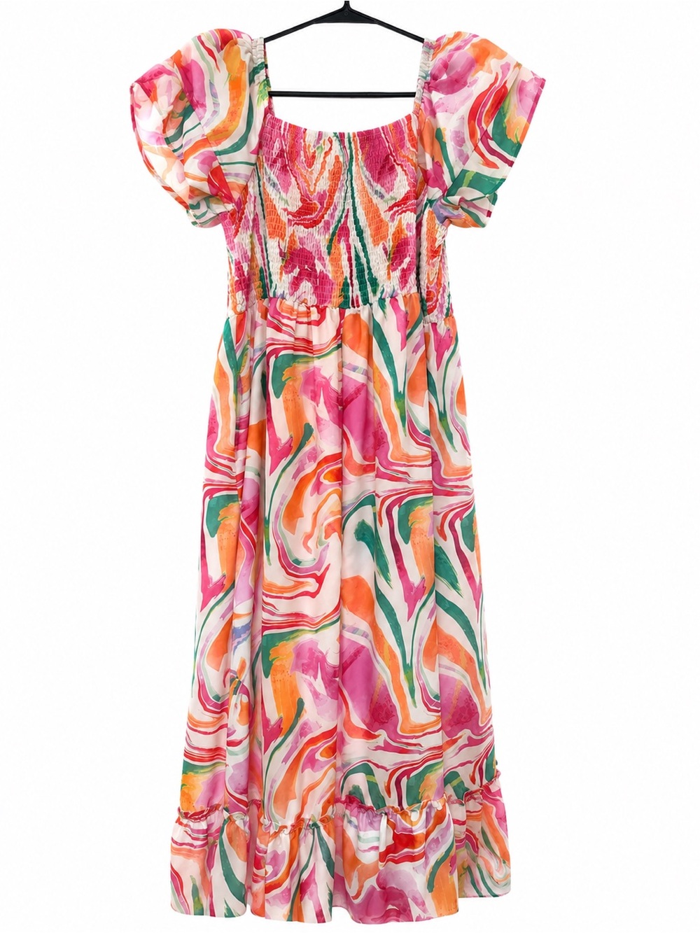 Smocked Puff-Sleeve Maxi Dress